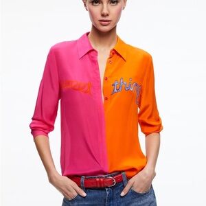 Alice + Olivia Pink and Orange Graphic Button Down Shirt